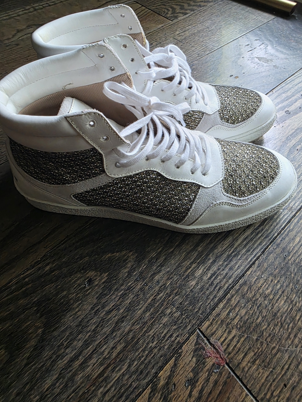 High-Top Sneakers in White with Gold Glitter Panels